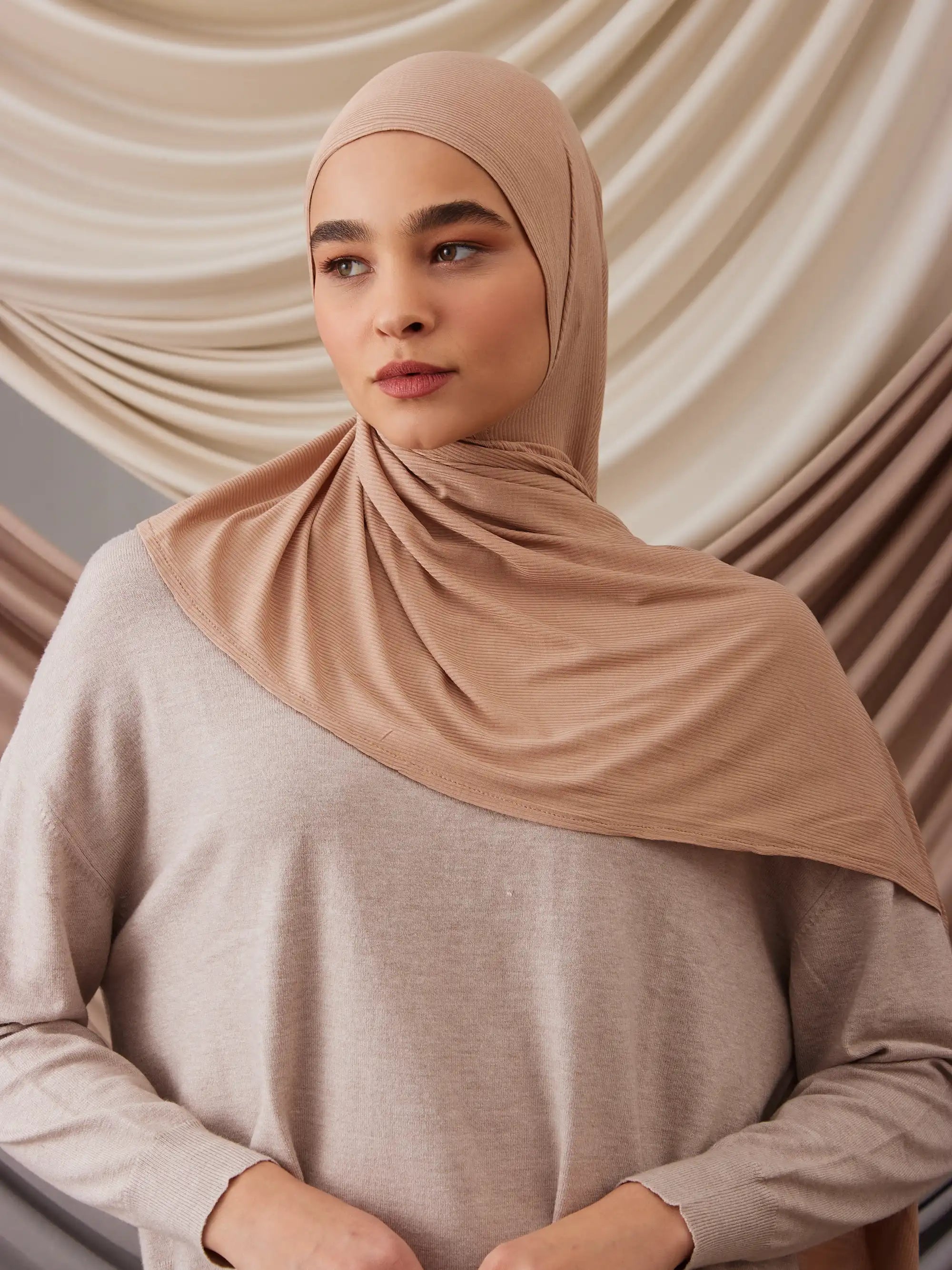 Instant Ribbed Jersey Hijab - Warm Taupe