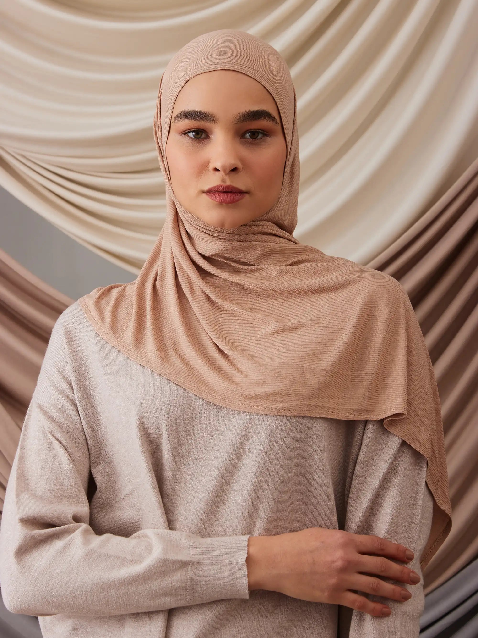 Instant Ribbed Jersey Hijab - Warm Taupe