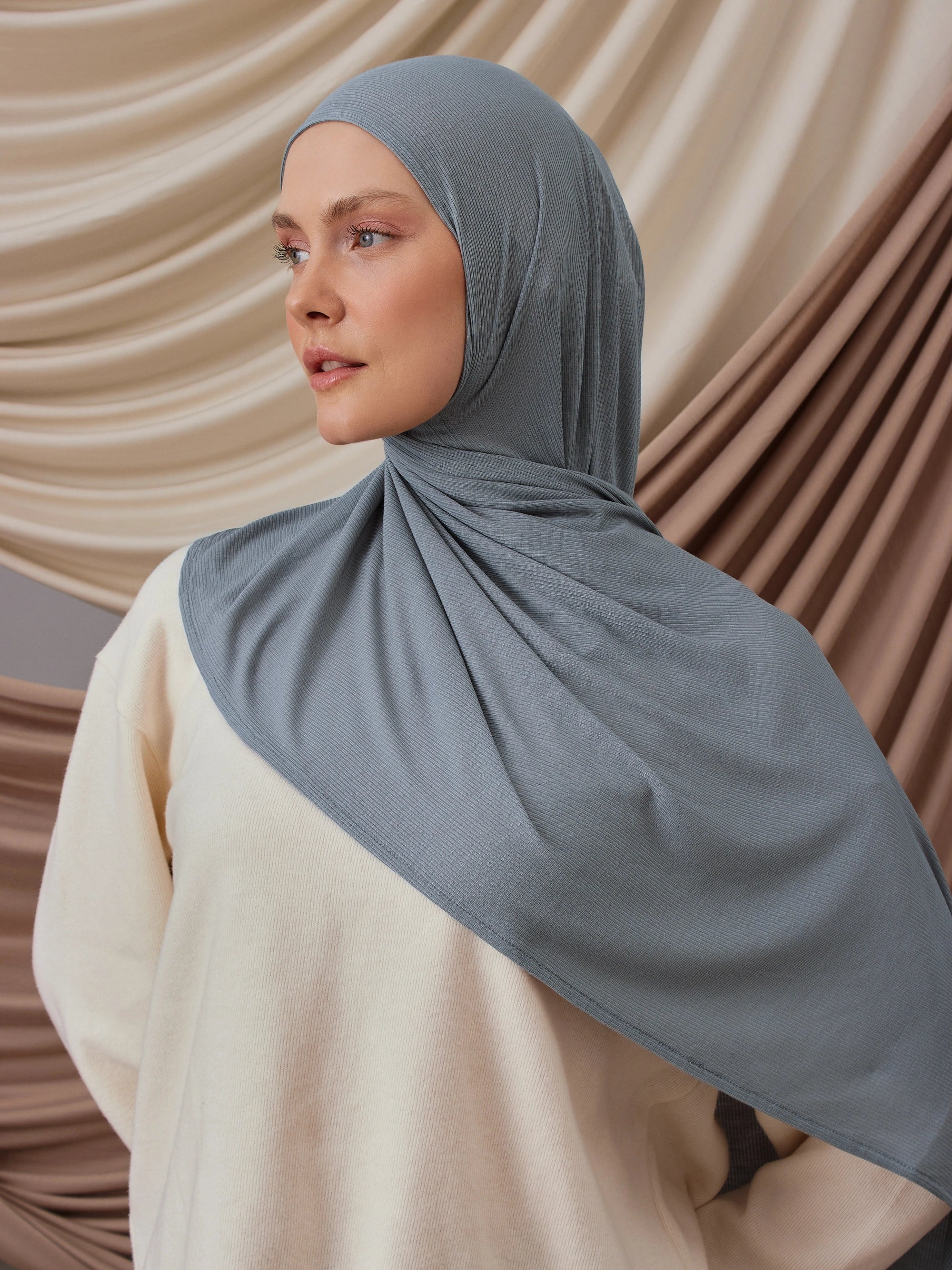 Instant Ribbed Jersey Hijab - Vintage Denim